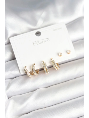 ® Pirinç Gold Renk Zirkon Taşlı 925 Gümüş Çivili Kadın Küpe Seti