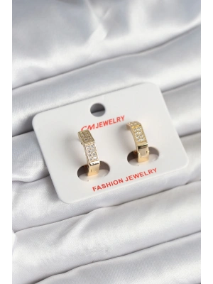 ® Pirinç Gold Renk Zirkon Taşlı Altıgen Kadın Küpe