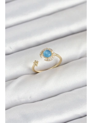 ® Pirinç Gold Renk Zirkon Taşlı Ay Yıldız Kadın Yüzük