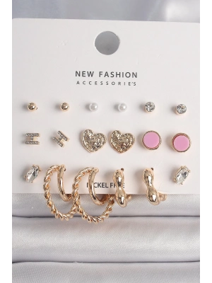 ® Pirinç Gold Renk Zirkon Taşlı Burug Halka Model İşlemeli Kalp Detay 9 Çift Kadın Küpe Seti