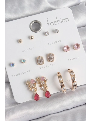 ® Pirinç Gold Renk Zirkon Taşlı Çiçek Figür İncili Halka Figür 7 Çift Kadın Küpe Seti