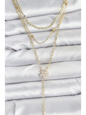 ® Pirinç Gold Renk Zirkon Taşlı Çiçek Model Detaylı 3lü Kombin Y Kadın Kolye