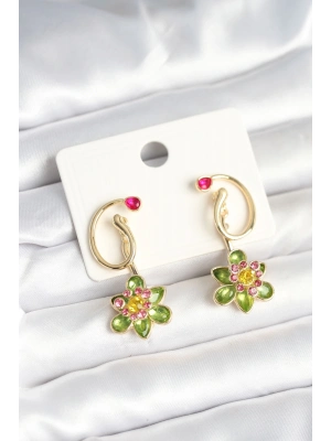 ® Pirinç Gold Renk Zirkon Taşlı Çiçek Model Kadın Küpe