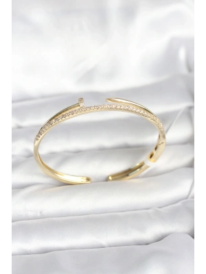 ® Pirinç Gold Renk Zirkon Taşlı Çivi Model Kadın Kelepçe Bileklik