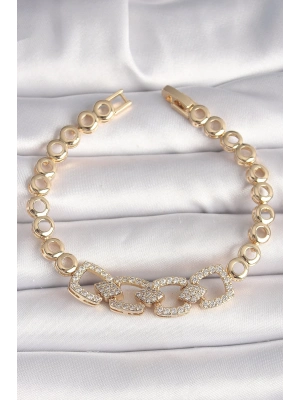 ® Pirinç Gold Renk Zirkon Taşlı Daire Zincir Model Kadın Bileklik