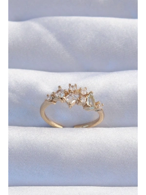 ® Pirinç Gold Renk Zirkon Taşlı Damla Detay Ayarlanabilir Yüzük