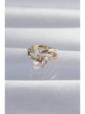 ® Pirinç Gold Renk Zirkon Taşlı Damla Earcuff Küpe