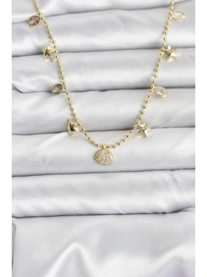® Pirinç Gold Renk Zirkon Taşlı Deniz Kabuğu Model Kadın Kolye