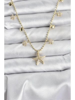 ® Pirinç Gold Renk Zirkon Taşlı Deniz Yıldızı Model Kadın Kolye