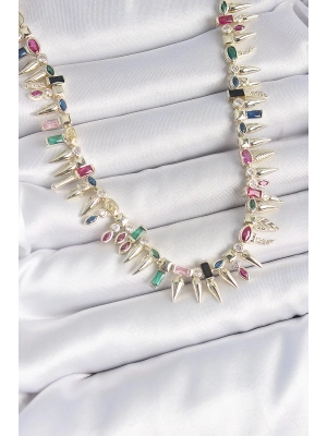 ® Pirinç Gold Renk Zirkon Taşlı Diken Model VIP Seri Kadın Kolye