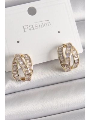 ® Pirinç Gold Renk Zirkon Taşlı Düğüm Halka Model Kadın Küpe