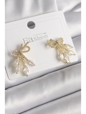 ® Pirinç Gold Renk Zirkon Taşlı Düğüm Model Damla Zirkon Taşlı Kadın Küpe