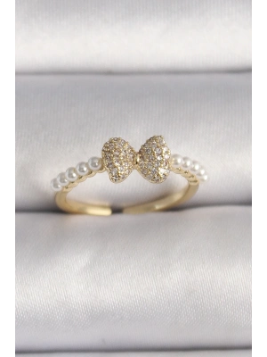® Pirinç Gold Renk Zirkon Taşlı Fiyonk İnci Detay Ayarlanabilir Yüzük