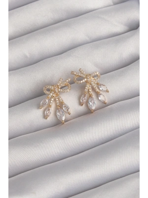 ® Pirinç Gold Renk Zirkon Taşlı Fiyonk Küpe