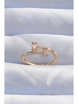 ® Pirinç Gold Renk Zirkon Taşlı Geometrik Ayarlanabilir Yüzük