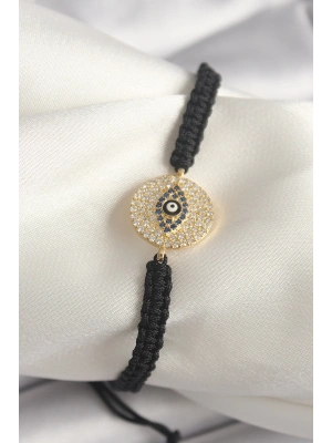 ® Pirinç Gold Renk Zirkon Taşlı Göz İşlemeli Figür Asansörlü Makrome Model Kadın Bileklik