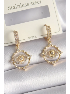 ® Pirinç Gold Renk Zirkon Taşlı Göz Model Kadın Küpe