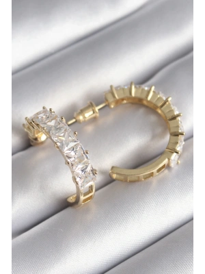 ® Pirinç Gold Renk Zirkon Taşlı Halka Model Kadın Küpe