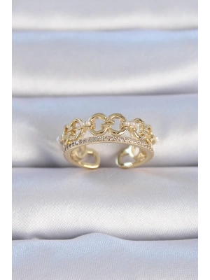 ® Pirinç Gold Renk Zirkon Taşlı İnci Detay Kadın Yüzük