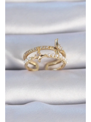 ® Pirinç Gold Renk Zirkon Taşlı İnci Detay Kutup Yıldızı Model Kadın Yüzük