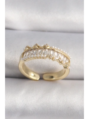 ® Pirinç Gold Renk Zirkon Taşlı İnci Detay VIP Seri Kadın Yüzük