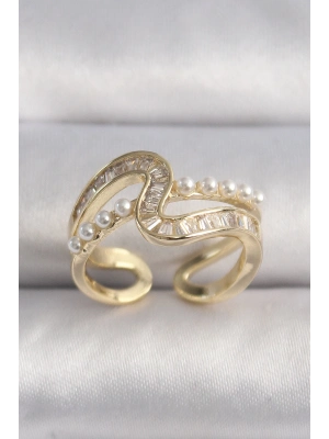 ® Pirinç Gold Renk Zirkon Taşlı İnci Detay VIP Seri Kadın Yüzük