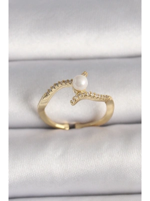 ® Pirinç Gold Renk Zirkon Taşlı İncili Ayarlanabilir Yüzük