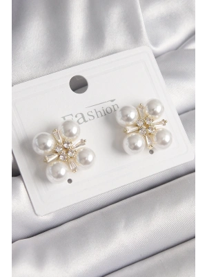 ® Pirinç Gold Renk Zirkon Taşlı İncili Kadın Küpe