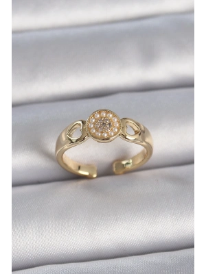 ® Pirinç Gold Renk Zirkon Taşlı İncili Kalp İşleme Detay Ayarlanabilir Kadın Yüzük