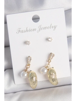 ® Pirinç Gold Renk Zirkon Taşlı İncili Sallantılı İşlemeli Damla Model 3 Çift Kadın Küpe Seti