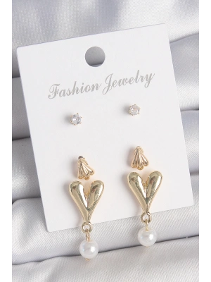 ® Pirinç Gold Renk Zirkon Taşlı İncili Sallantılı Kalp Model 3 Çift Kadın Küpe Seti