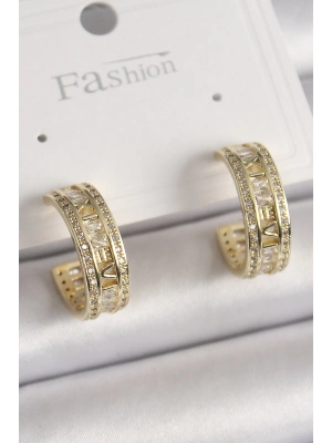 ® Pirinç Gold Renk Zirkon Taşlı İşleme Detay Halka Model Kadın Küpe
