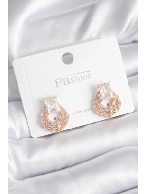 ® Pirinç Gold Renk Zirkon Taşlı Kadın Küpe