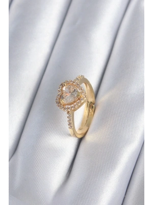 ® Pirinç Gold Renk Zirkon Taşlı Kalp Charm Model Kadın Yüzük