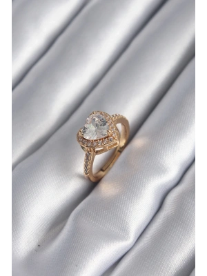 ® Pirinç Gold Renk Zirkon Taşlı Kalp Charm Model Kadın Yüzük