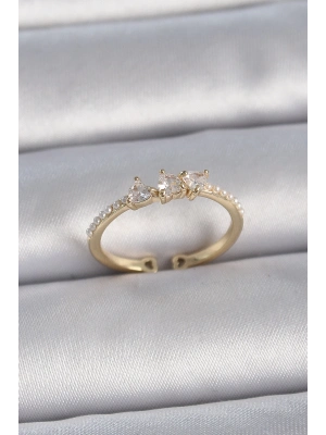 ® Pirinç Gold Renk Zirkon Taşlı Kalp İnci Detaylı Ayarlanabilir Model Kadın Yüzük