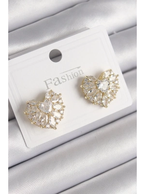 ® Pirinç Gold Renk Zirkon Taşlı Kalp Model Kadın Küpe
