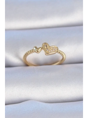 ® Pirinç Gold Renk Zirkon Taşlı Kalp Model Kadın Yüzük