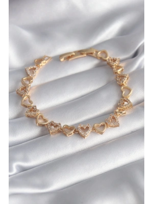 ® Pirinç Gold Renk Zirkon Taşlı Kalp Model VIP Seri Kadın Bileklik