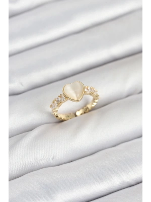 ® Pirinç Gold Renk Zirkon Taşlı Kalpli Kadın Yüzük