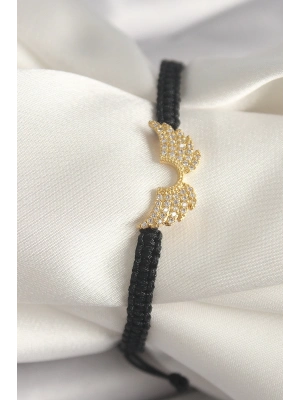 ® Pirinç Gold Renk Zirkon Taşlı Kanat Figür Asansörlü Makrome Model Kadın Bileklik