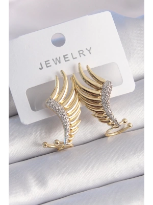 ® Pirinç Gold Renk Zirkon Taşlı Kanat Model Kadın Küpe