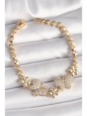 ® Pirinç Gold Renk Zirkon Taşlı Kelebek Figür Çiçek Zincir Model Kadın Bileklik