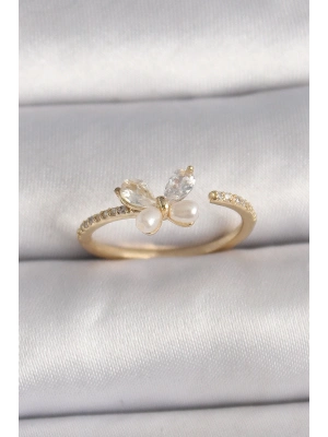 ® Pirinç Gold Renk Zirkon Taşlı Kelebek Mode İnci Detay Ayarlanabilir Yüzük