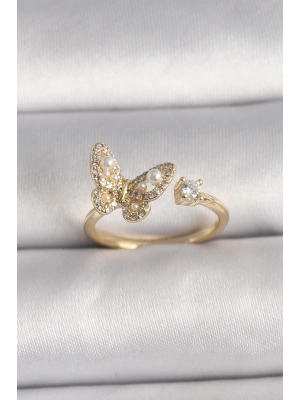 ® Pirinç Gold Renk Zirkon Taşlı Kelebek Model İnci Detay Ayarlanabilir Yüzük
