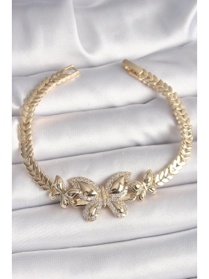 ® Pirinç Gold Renk Zirkon Taşlı Kelebek Model Kadın Bileklik