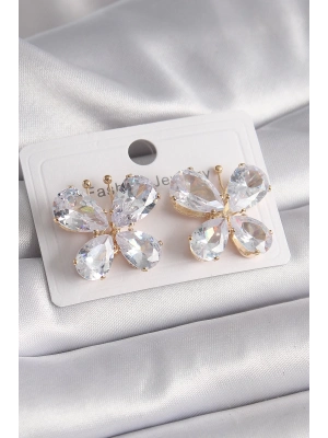 ® Pirinç Gold Renk Zirkon Taşlı Kelebek Model Kadın Küpe
