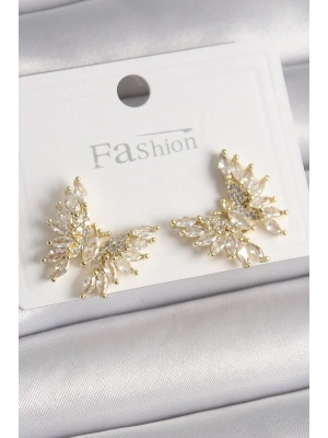 ® Pirinç Gold Renk Zirkon Taşlı Kelebek Model Kadın Küpe