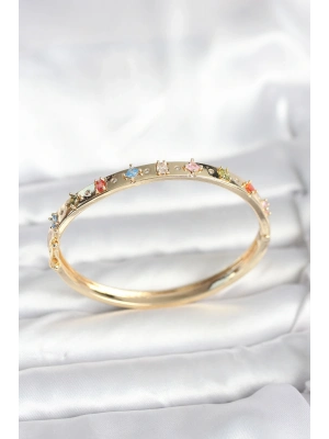 ® Pirinç Gold Renk Zirkon Taşlı Kelepçe Bileklik