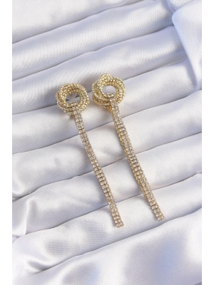 ® Pirinç Gold Renk Zirkon Taşlı Kıvrım Detay Sallantılı Küpe